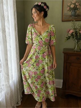 Wayf Floral V-Neck Maxi Dress in Green and Pink